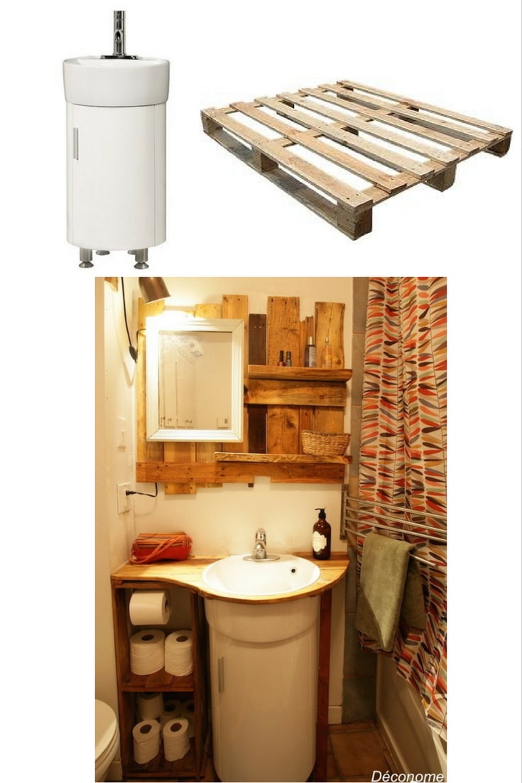 meuble lavabo rond entouré de rangement fabriqué en palette / DIY bathroom shelving with pallets