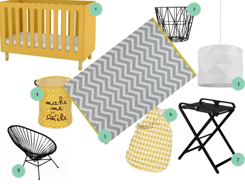 idées déco shopping France pour chambre de bébé graphique noire et jaune