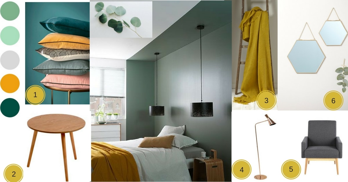 planche d'ambiance chambre couleur vert de gris et jaune moutarde