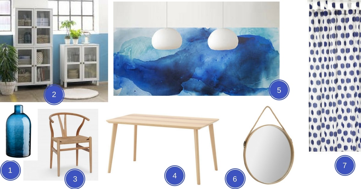 planche d'ambiance et d'inspiration sur la thématique scandinave, bois et bleu indigo