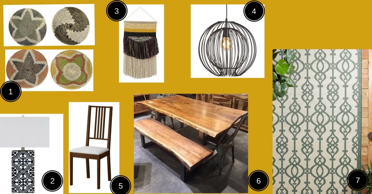 planche d'inspiration salle a manger exotique table en bois live edge et paniers africains suspendus