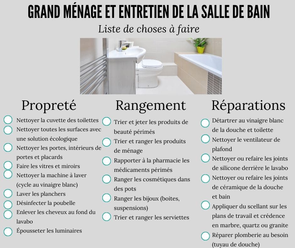 Liste de ménage de printemps et d'entretien pour la salle de bain